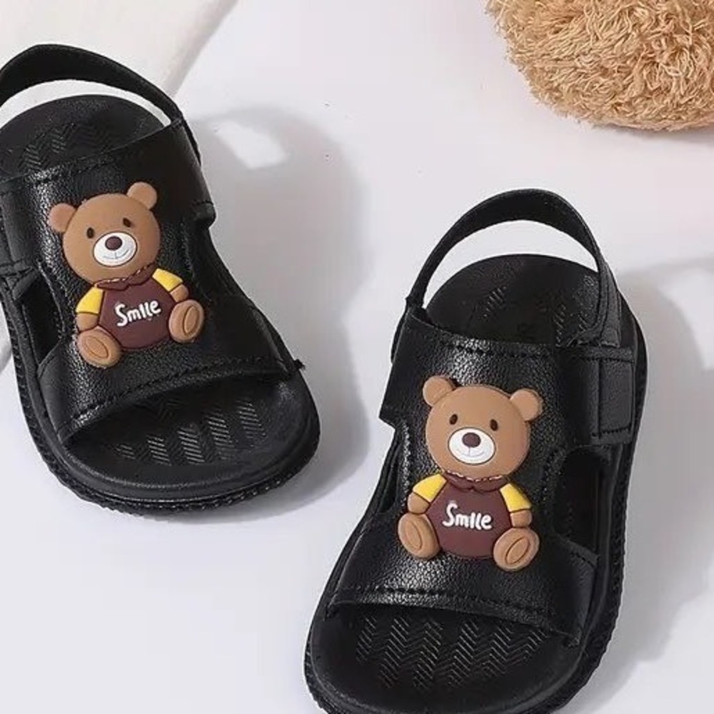NIB Kids Black Teddy Bear Smile Sandals Hook Loop Closure Sz 7 Toddler - Picture 9 of 10